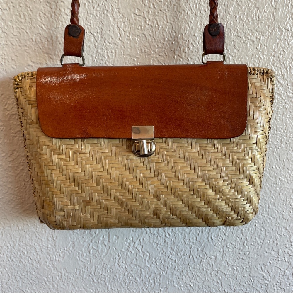 Brown and Tan Woven Bag with turn style Latch